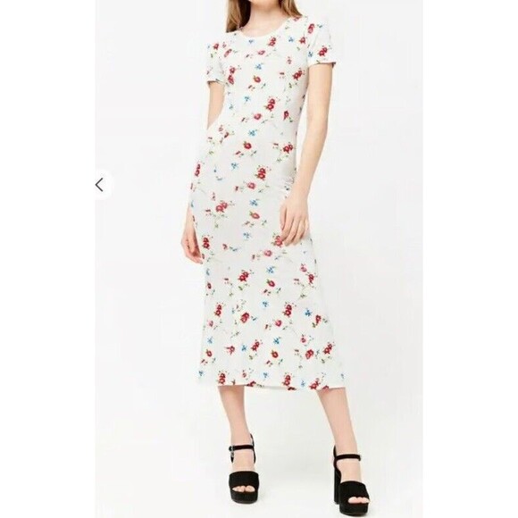 White Floral Dress Size Large Stretch Midi Cottage Tight‎ Retro Cute Bodycon - Picture 1 of 6
